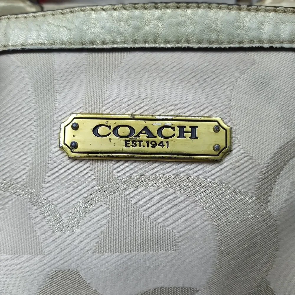 Coach Signature Cream Beige Canvas Leather Trim Double Handles Tote Shoulder Bag